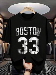 Camiseta gráfica Boston 33 para hombres - Camiseta de verano casual y deportiva con diseño audaz "BOSTON 83.82cm", ajuste regular transpirable, perfecta para salidas a la playa y fines de semana, ropa casual de verano| Estilo deportivo casual| Ajuste cómodo - Negro - Ver 6