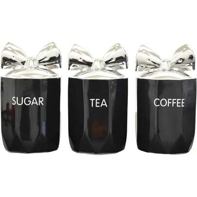 Marble Effect Ceramic Tea Coffee Sugar Canisters Set Of 3 Storage Jars With Silver Bow Lids Crystal Accents 15x11cm Elegant Kitchen Counter Containers