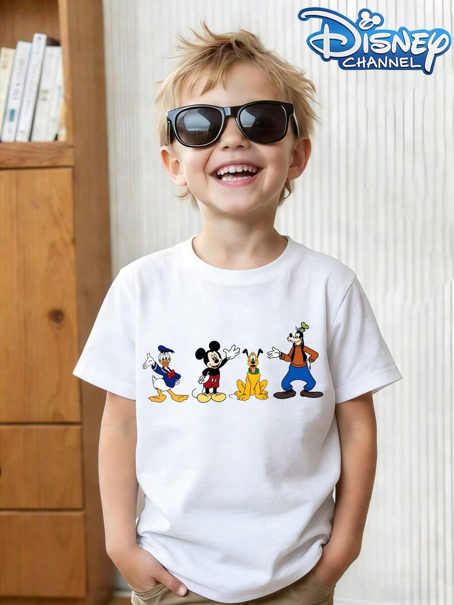 This Round-Neck Summer T-Shirt Features Front And Back Designs Of Disney Characters Mickey Mouse, Donald Duck, Goofy, And Pluto. It's Suitable For Boys And Girls To Wear To Holiday Parties, Family Gatherings, Outdoor Activities, Travel, And As A Gift For Children Visiting Disneyland. - White - View 1