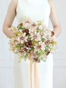 1件/3件装仿真6头牡丹丝花花束，新娘捧花材料，适用于家居、餐厅、花瓶装饰、婚礼装饰、背景幕布、婚车装饰（含DIY花环材料）、门廊装饰、花艺材料、情人节礼物、秋季装饰 - 咖啡色 - 查看 4