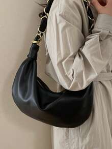 1pc Women's Fashion Black PU Casual Hobo Bag, Minimalist Vintage Chain Shoulder Bag, Large Capacity Zipper Closure Crescent Bag, Suitable For Daily Use, Shopping, Commuting, Gift, Wedding - Black - View 7