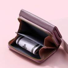 New Women's Short Wallet With Multiple Card Slots, Fashionable Mini Zipper Coin Purse, Cartoon Three-Fold Snap Card Holder - Mauve Purple - View 4