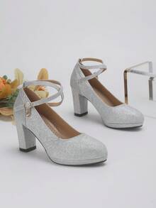 Women's Buckle Design Elegant High Heel Round Toe Chunky Heel Pumps - Silver - View 1