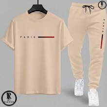 Men's Casual T-Shirt And Sweatpants Set - Paris Style Cotton Knit T-Shirt + Sweatpants With Pockets - 米色T卹,米色褲子 - 查看 2