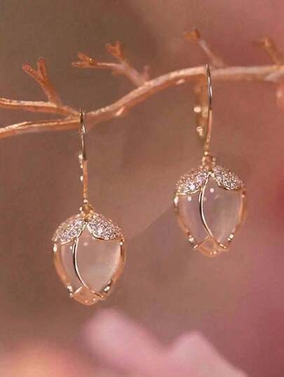 1pair Fashionable Micro-Inlaid Rhinestone Tulip Earrings For Women, Short Style, Designer & Versatile, Ideal For Daily Wear