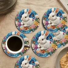 6pcs/Set Vintage Easter Rabbit & Egg Design Round Wooden Coasters/Placemats, Kitchen, Dining, Home Decor Accessories, Best Gift For Friends And Family On Easter, Back To School, Spring, Valentine's Day, Wedding Party - Multicolor Upgrade - View 1
