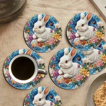 6pcs/Set Vintage Easter Rabbit & Egg Design Round Wooden Coasters/Placemats, Kitchen, Dining, Home Decor Accessories, Best Gift For Friends And Family On Easter, Back To School, Spring, Valentine's Day, Wedding Party