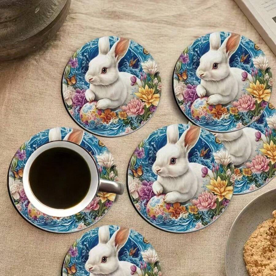 6pcs/Set Vintage Easter Rabbit & Egg Design Round Wooden Coasters/Placemats, Kitchen, Dining, Home Decor Accessories, Best Gift For Friends And Family On Easter, Back To School, Spring, Valentine's Day, Wedding Party - Multicolor Upgrade - View 1