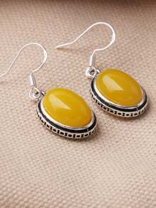 1 Pair Fashionable Faux Amber Oval Small Hoop Earrings, Multi-Color & Multi-Style Options, All Season - Yellow - View 5