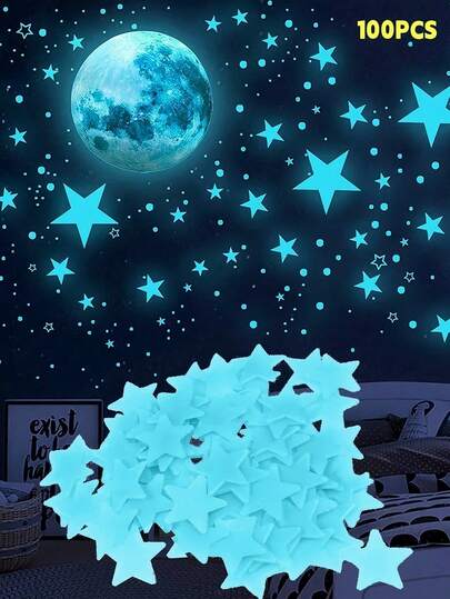 100 Pcs Colorful Glow In The Dark Stars Wall Stickers Yellow Pink Blue Green Glowing Star Decor DIY 3D Hollow Luminous Stars Wall Decals For Kids Boys Baby Bedroom Ceiling Wall Decoration
