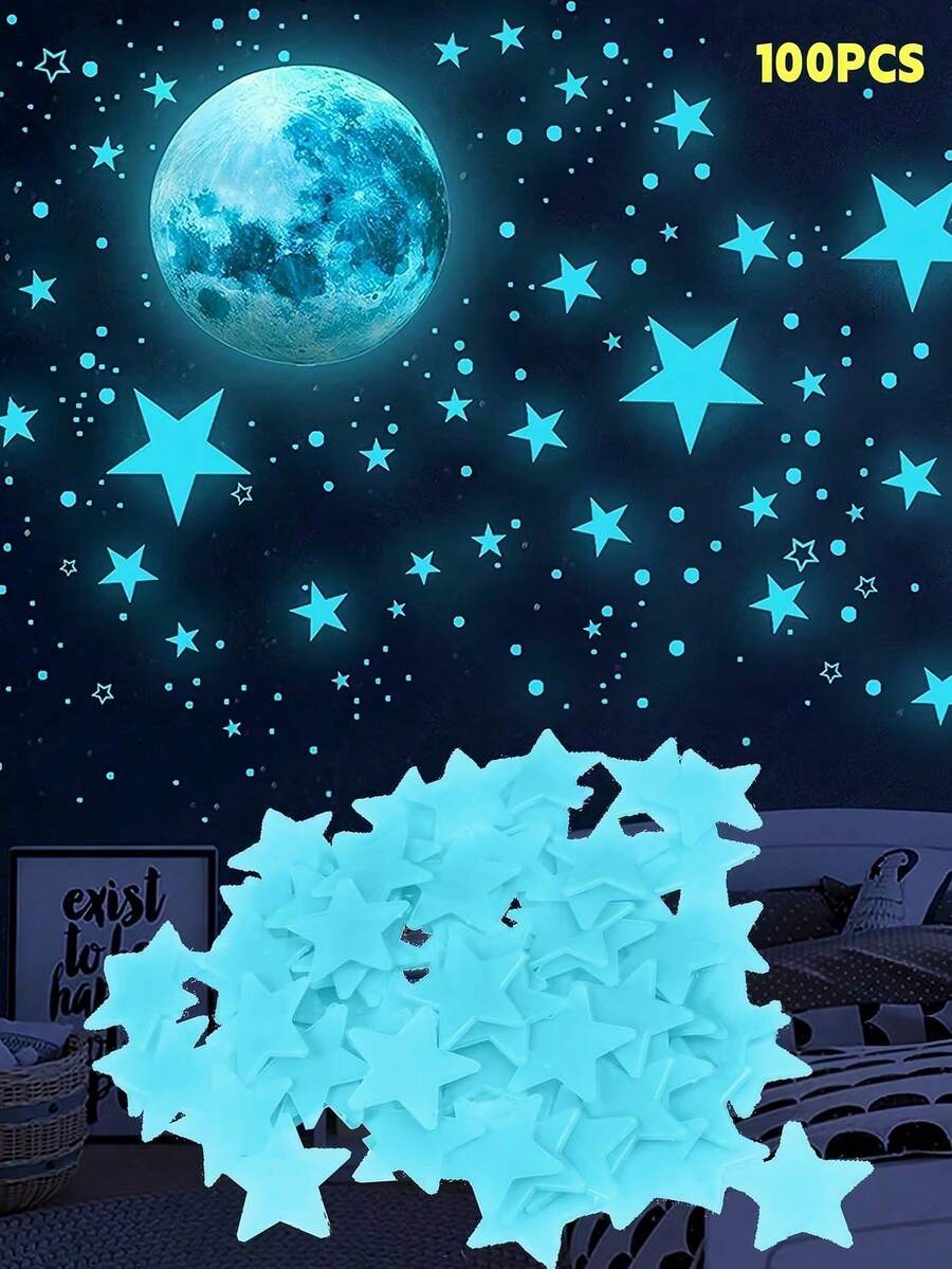 100 Pcs Colorful Glow In The Dark Stars Wall Stickers Yellow Pink Blue Green Glowing Star Decor DIY 3D Hollow Luminous Stars Wall Decals For Kids Boys Baby Bedroom Ceiling Wall Decoration - 100pcs - 查看 1