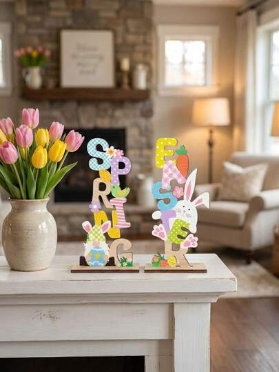 1set Cute Wooden Easter Table Decorations Set, Spring Letter Sign With Bunny & Gnome, Rustic Standing Desktop Ornament For Home Party, Tiered Tray, Mantel & Office Desk Decor Gift