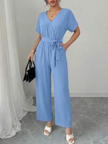 Women's Jumpsuit Casual Short Sleeve Wrap V Neck Belted Wide Leg Pants - 淺藍色 - 查看 5