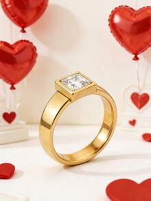 TONSI 1枚奢华简约高端浪漫18K镀金不锈钢方形宝石戒指，结婚戒指，情侣戒指，送给朋友、情侣、情人节的礼物，情侣珠宝礼盒