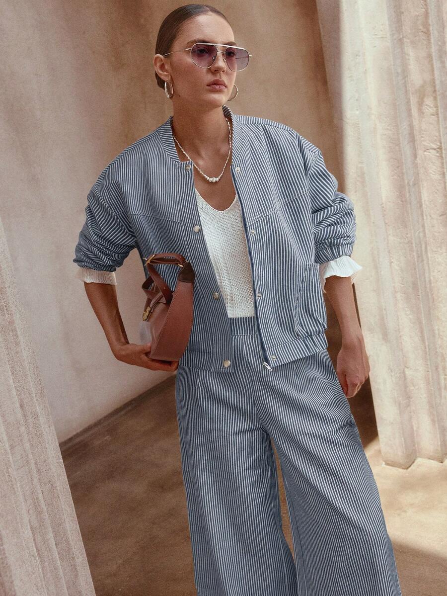 Sollinarry 2pcs Women Striped Zip-Up Long Sleeve Top And Pants Set Spring - Navy Blue - View 1