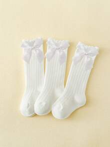 3 Pairs Girls' White High Knee Socks With Bows - White - View 11