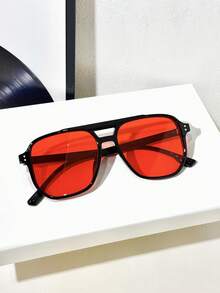 1 Pair Tortoiseshell Square Double Bridge Aviator Fashion Glasses, Suitable For Vacation, Boho Beach Outfits, Women's Beach Accessories, Basic Glasses, Autumn/Winter Women's Outfits, Business Casual, Gifts, Leopard Print - Black Frame Red Film - View 4