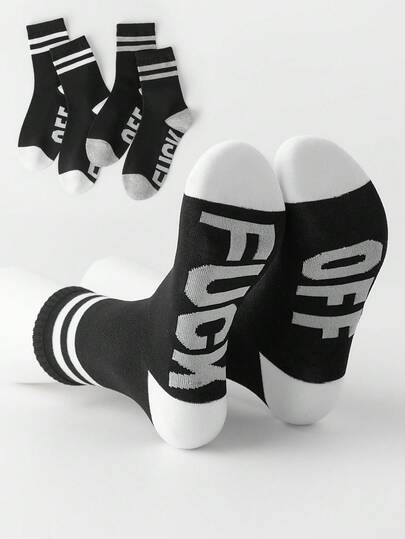 6 Pairs/4 Pairs/2 Pairs/1 Pair Men's Multicolor English Text Mid-Calf Socks, Spring & Autumn Breathable Moisture-Wicking Cotton, Fashionable Sports Outfit