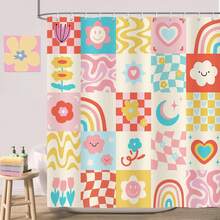 花卉图案浴帘，抽象彩虹爱心格子复古浴帘，适用于浴室、浴室装饰及配件、房间装饰，是家居、酒店、度假村和礼品的理想选择。 - 彩色 - 查看 2