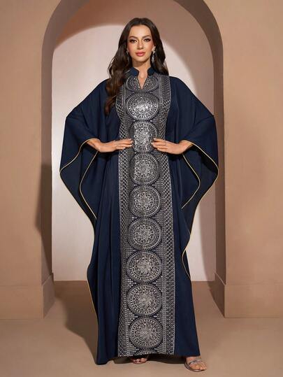 YISIKADO Elegant Long Sleeve Kaftan Robe, Adorned With Exquisite Mandala Embroidery And Cutout Details, For Women