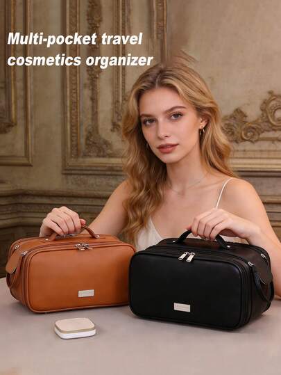 Travel Makeup Bag - Large Capacity Cosmetic Bags For Women Portable Opening Travel Toiletry Bags, Waterproof PU Leather Pouch Open Flat Makeup Organizer With Handle And Divide