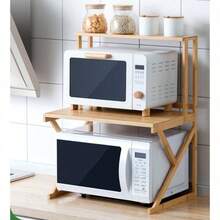 1/ 2-Tier Microwave Stand - Bamboo Wood Kitchen Countertop Organizer With Sturdy Wood Frame, Countertop Organizer With Hooks & Chopping Board Rack, Space-Saving Design For Microwave, Rice Cooker, Oven & Pots Pans, Utility Racks - 1 Tier Wood Colour - View 3