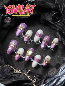 Bộ 10 móng giả dán thủ công, hình hạnh nhân, kiểu Pháp, màu tím ánh kim, đầu móng kiểu Pháp, móng trắng, trang trí đá pha lê màu sâm panh lấp lánh, đá mặt trăng, móng giả kim loại phủ toàn bộ, hoàn hảo cho trang điểm hàng ngày của phụ nữ và các cô gái, cũng thích hợp cho các bữa tiệc, năm mới, lễ kỷ niệm và các dịp khác. Đi kèm với bộ dụng cụ, một món quà tuyệt vời dành cho phụ nữ và các cô gái. - Màu tím - Xem 2