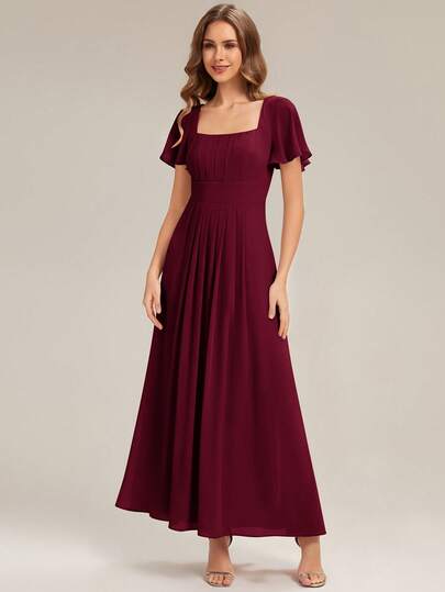 EVERPRETTY Elegant Chiffon Short Sleeve Square Neck Burgundy Bridesmaid Dress Spring Summer Wedding Guest Dresses For Wedding Party