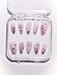 10Pcs Handmade European & American Style Nail Stickers With Heart, Star, Pearl, Bow Decor - Glossy Nude & Black Dual Color, Short Almond Shape, Elegant Design Artificial Nails Suitable For Women & Girls. Includes 1Pc Gel Polish & 1Pc Nail File. Valentine'S Day Press On Nails Nail Supplies Nails(Random Delivery) - 隨機的 - 查看 3