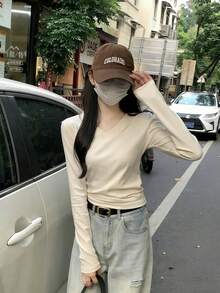 Áo lót dài tay cổ tròn xếp ly màu trơn dành cho nữ, thích hợp cho mùa thu sớm, phong cách thường ngày. - Màu be - Xem 6