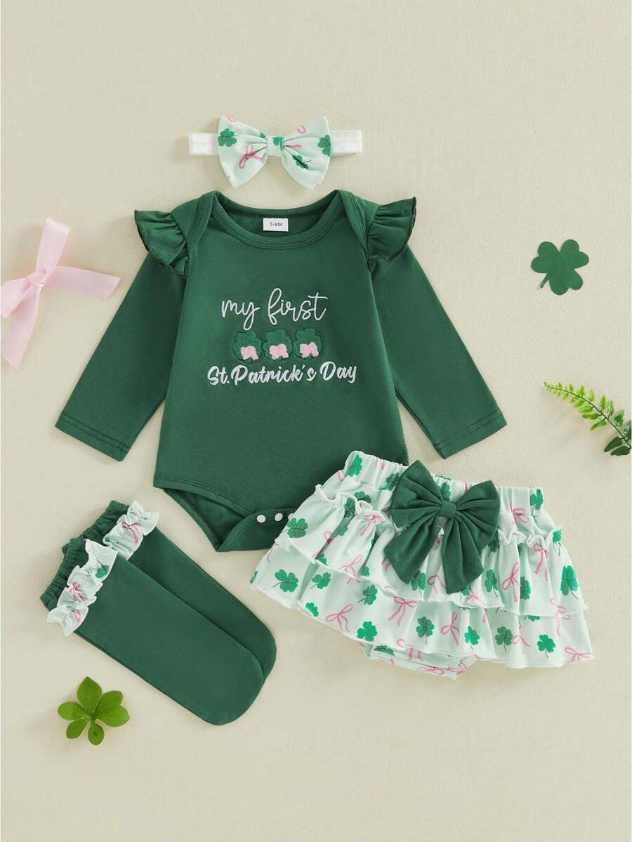 My First St Patricks Day Outfit Baby Girl Romper Shamrock Ruffle Shorts Blommers Socks Set St Patricks Dress Clothes - màu xanh lá - Xem 1