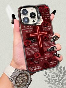 Christian Cross & Red Rose Pattern Phone Case, IMD Technology Laser Backplane, Shockproof Scratch-Resistant Comfortable Grip, Compatible With IPhone 17/16/15/14/13/12/11/7/X - Pink - View 6