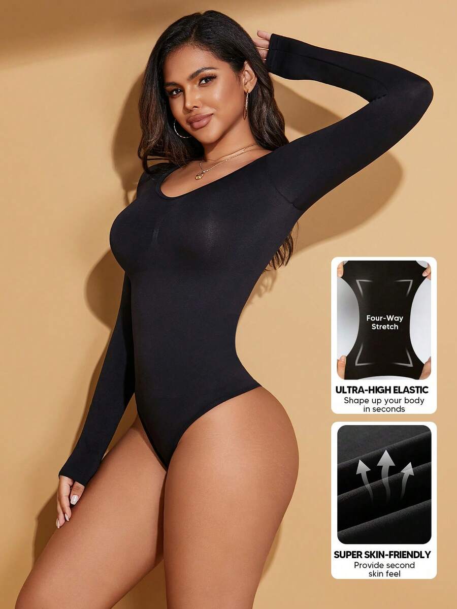 Bodysuits For Women Ribbed Long Sleeve Tummy Control Tops Bodysuits Black Summer