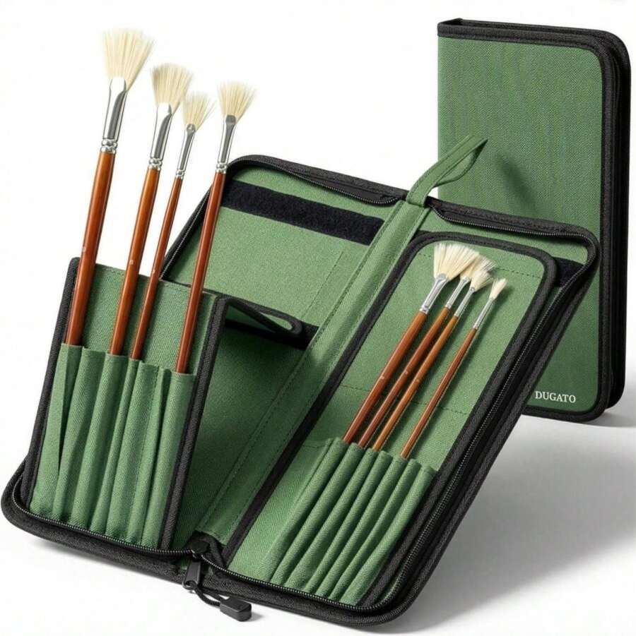 DUGATO Long Canvas Paint Brush Holder Zippered 5.7x14.8 Inch, Premium Art Case For Brushes Long Handle Up To 13" Length, 15 Slots Storage For Artist (Brush Not Included) - Green - ColorC - 查看 1