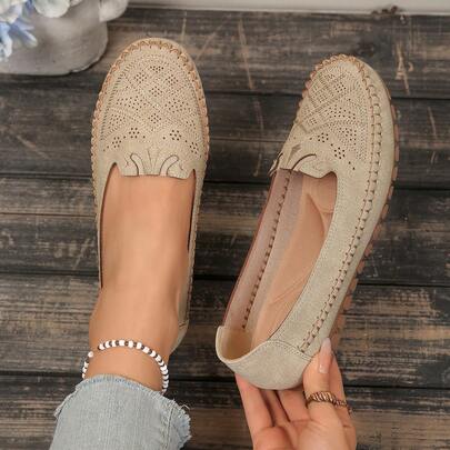 Women's Versatile Flat Shoes, Perforated Decor, Embroidered Print, Leather-Feel Material, Comfortable For All Seasons, Wide Size, Lightweight & Breathable, Essential For Home, Elegant & Durable, Matching Any Outfit, Abrasion-Resistant Rubber Sole, Easy Care, Low Heel, Elastic Sides