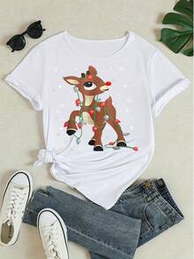 Women's Christmas Rudolph Graphic Tee Casual Short Sleeve Crew Neck T-Shirt Festive Reindeer Light Print Top For Holiday Party Daily Wear - 白色 - 查看 4