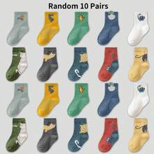 10 Pairs Random Mix Color Children Socks With Cartoon Cat & Dinosaur Patterns, Versatile Mid-Calf Socks For Boys & Girls, Suitable For Daily Casual Wear - Multicolor - View 10
