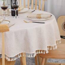 Rundes Tischdeck, 120 cm, wasserwäschbares Leinen aus Baumwollemischung, Faltenschutz, Staubschutz, mit Schiebe, geeignet für Küche, Esszimmer, Esstisch, Kaffeetisch, Gartentisch. - Hellbraun - Übersicht 1