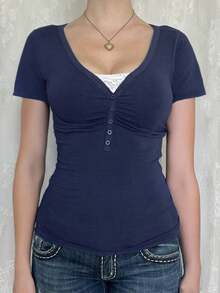 Women's T-Shirt Y2K Sexy Slim Design Sense V-Neck Short-Sleeved Top - 藍色 - 查看 4