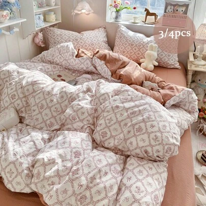 3/4-delars sängkläderset, elegant vintagepläd med rosett, rosa och vitt kontrasterande fransk pastoral stil för sovrumsinredning, lämplig för alla hjärtans dag, ramadan, daglig användning, alla årstider, inkluderar 1 påslakan (utan fyllning), 1 lakan, 1/2 örngott (utan fyllning)