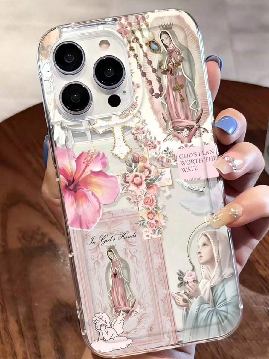 宗教主题单件装艺术十字架与圣母玛利亚图案透明TPU手机壳，防震防指纹，兼容 16 Pro/16 Plus、15/15 Pro Max/15 Pro、11/12/13/14 Pro Max、11 Pro/11 Pro Max、12 Pro/12 Pro Max、13 Pro/13 Pro Max、14 Pro/14 Pro Max，优质创意设计 - 彩色 - 查看 1
