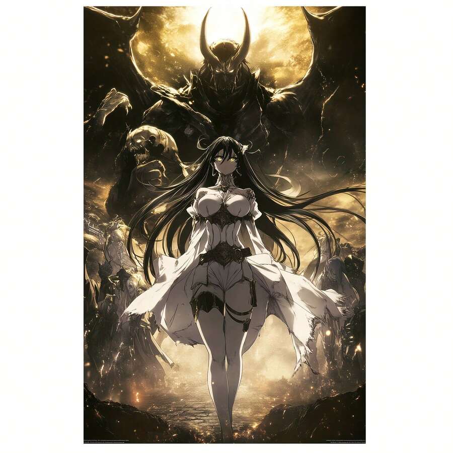 1pc Frameless Anime Overlord Albedo Canvas Wall Art 12x18 Inch - Epic Battle Scene With Horned Demons & Female Warrior, Vibrant Dark Fantasy Artwork For Home, Office, Bar, Cafe Decor, Bar - Multicolor - View 1
