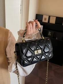 Fashionable High-Quality Quilted Embroidery Design Flap Metal Buckle Small Square Bag With Chain Strap, Elegant Shoulder/Crossbody Bag For Women - Black - View 8