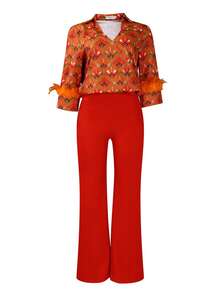 Conjunto de Dos Piezas para Mujer Estilo Occidental, Camisa con Estampado y Pantalones de Pierna Ancha - Rojo anaranjado - Ver 7