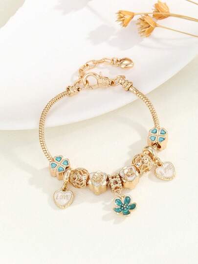 1件装时尚心形花朵装饰手链，适合青少年日常佩戴，情人节、妈妈、母亲节礼物