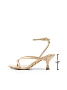 Women Minimalist Low Kitten Heeled Ankle Strap Thong Sandals, Sexy Square Toe Fashion Heeled Sandals - 杏色 - 查看 4