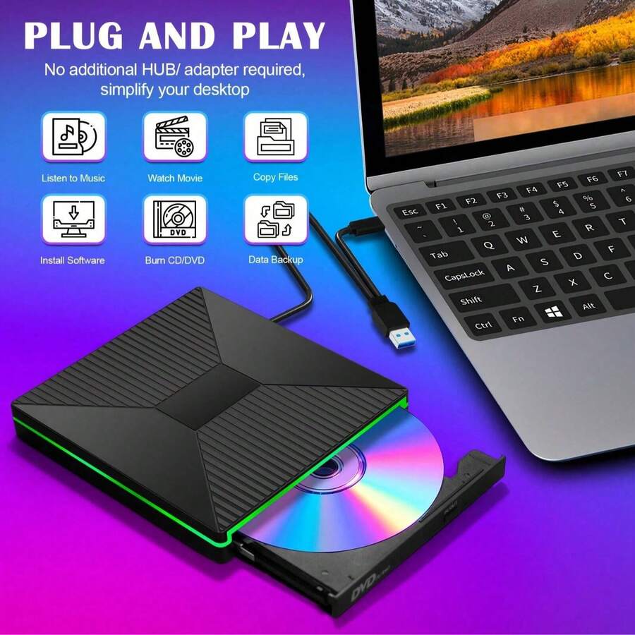 Plug-And-Play External DVD Burner With High-Speed USB 3.0 Transmission, 2A+2C Dual Ports, And Built-In SD/TF Card Reader. It Supports High-Definition Playback, Features Color-Changing RGB Lights, And Is Slim, Lightweight And Portable. - 黑色 - 查看 1