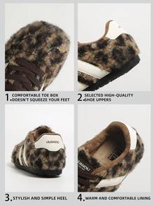 HUANQIU 豹纹迷彩图案休闲系带家居拖鞋，女士新款厚底毛绒内里冬季运动鞋，小众毛绒鞋 - 駝色 - 查看 6