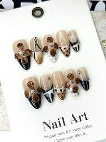 Bộ 10 móng giả hình hạnh nhân cỡ trung bình, màu nude mơ trong suốt, họa tiết chấm đen trắng nâu, hoa 3D (ngọc trai + đá rhinestone), đường kẻ đen trắng và các chi tiết đá rhinestone nhỏ, bộ móng acrylic thủ công có thể tháo rời, tự làm, thích hợp cho phong cách ngọt ngào cá tính hàng ngày, các buổi tụ họp retro, các dịp đi chơi, trang trí móng tay cá nhân cho phái nữ. - Nhiều màu - Xem 2