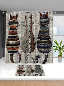 1/4pcs Vintage Cat Print Shower Curtain Set, Includes Bath Mat, U-Shaped Rug, Toilet Lid Cover, High Quality Shower Curtain With 12 Durable Hooks, Premium Bathroom Decor & Accessories, Suitable For All Scenarios - Multicolor - View 6